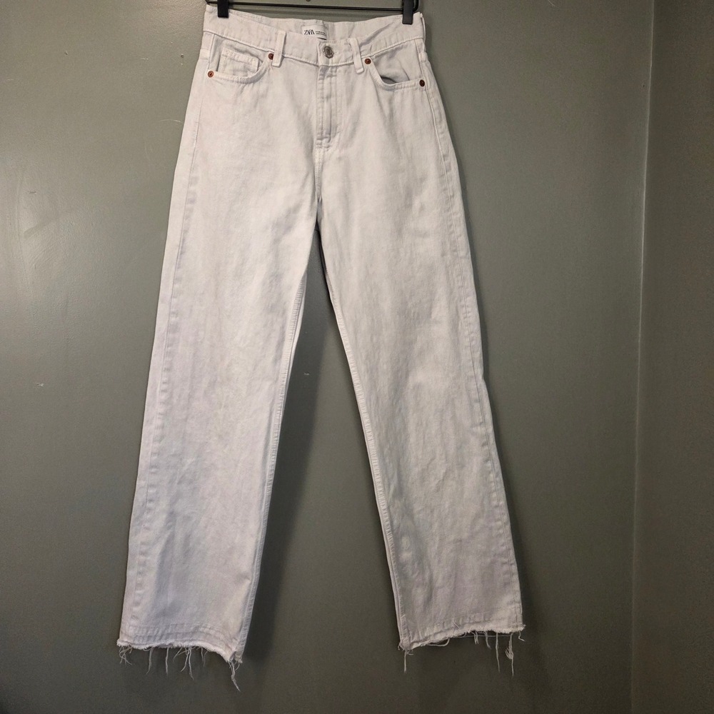 Zara Women's Straight Leg Jeans, Size US 4, Light Blue Off White, Frayed Hem